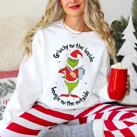 Womens Grinchy On The Inside Bougie On Outside Christmas Crewneck Sweatshirt - Picture 1 of 3
